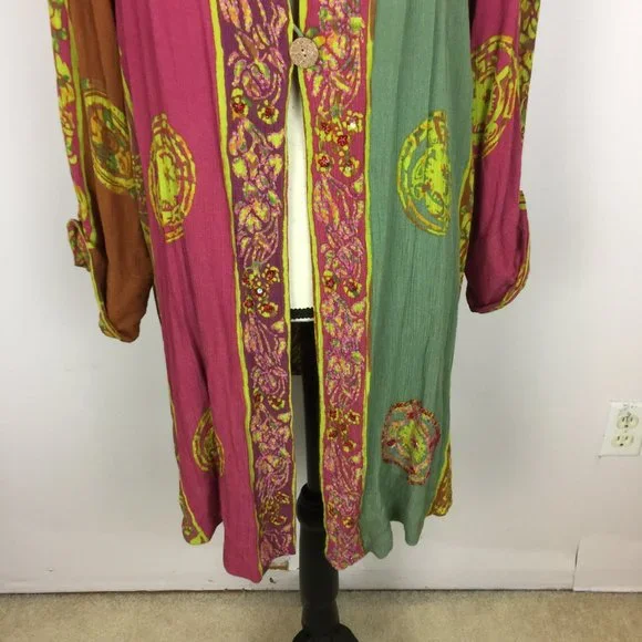 Soft Surroundings One Button Jacket 2X Womans Plus Pink Green Batik Print Rayon - Picture 4 of 15